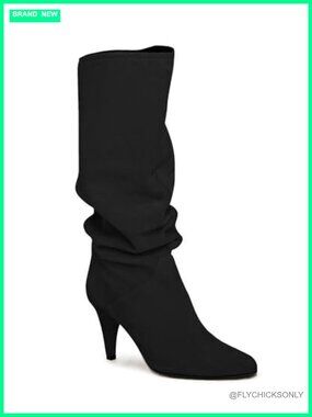 Womens Wide Calf Knee High Slouchy Boots Kitten Heel Pointed Toe Pull On